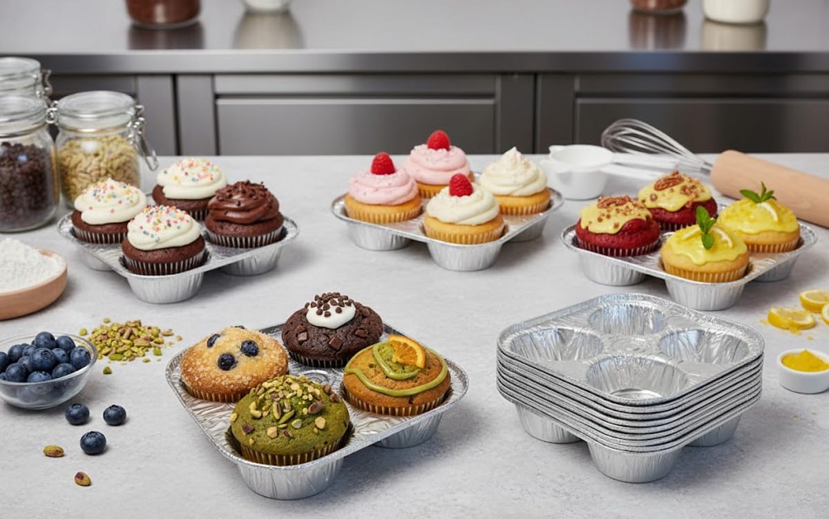 4-Cavity Cup Aluminum Foil Muffin Cupcake Pan - Disposable Baking Tin (Pack of 25) by Handi-Foil – 8-1/4" L x 8-1/4" W x 1-13/16" D, 5.25 fluid_ounces, Silver, Model 4055-30