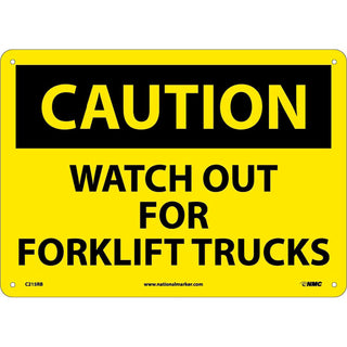 Caution Watch Out Forklift Trucks Sign- Rigid Plastic 10"H X 14"W by National Marker – 10"L x 14"W x 10"H, Plastic, Yellow/Black, Model C215RB
