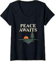 Women's Peace Awaits Lakeside Sunset Evergreen Scenic Horizon V-Neck T-Shirt