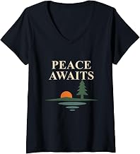 Women's Peace Awaits Lakeside Sunset Evergreen Scenic Horizon V-Neck T-Shirt