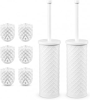 White Toilet Bowl Brush and Holder 2 Pack with 4 Extra Replacement Heads | Extra Long Handle with Splash Guard Cover, Tool-Free Installation, Bathroom Space-Saving, Cleaner Sets for Apartments, RV