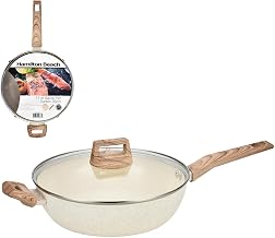 Hamilton Beach 11-Inch Forged Sauté Pan with Glass Lid, Beige Ceramic Nonstick Frying Pan, Heavy-Duty Scratch-Resistant Stone Finish Cookware Skillet