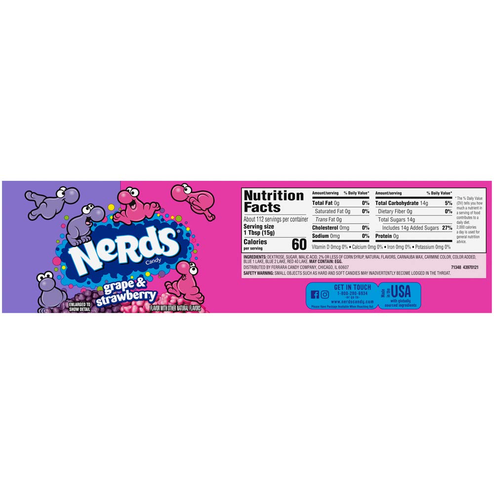 Grape & Strawberry Candy 1.65 Ounce by Nerds – 1.65 Ounce (Pack of 36), Multicolor, Pack of 36, Model WONERGAR