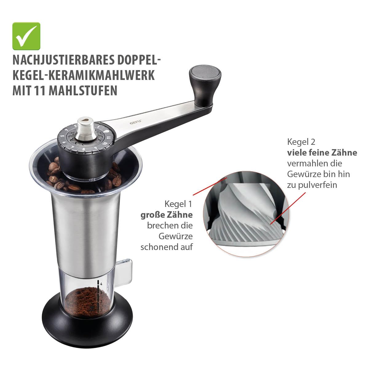Handheld Coffee Grinder with Adjustable Ceramic Grinding Gear by GEFU – 14 x 5 x 5 cm, 4 cups, Stainless Steel, Black, Model 16330