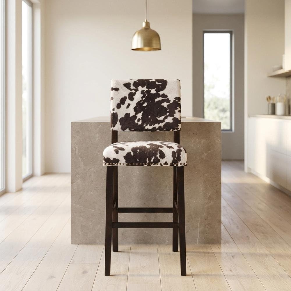 Brown Pine and Hardwood Bar Stool with Microfiber Seat by Furnifact – Pine, Local Hardwood, Plywood, Birch, Ca Foam, Microfiber, Rubberwood,MDF, Brown