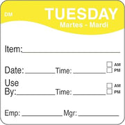 DayMark Safety Systems Day of the Week 2" x 2" Dissolvable Label, Tuesday, Item/Date/Use By, (Roll of 250)