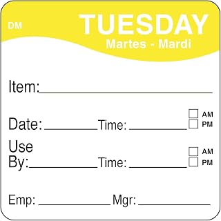 DayMark Safety Systems Day of the Week 2" x 2" Dissolvable Label, Tuesday, Item/Date/Use By, (Roll of 250)