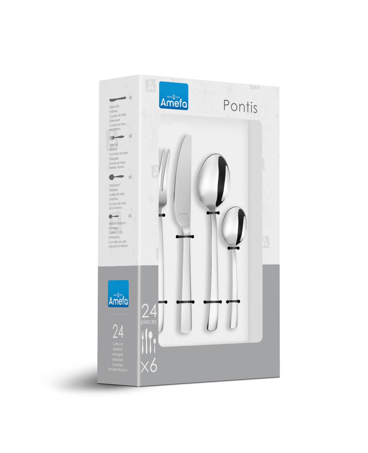 Pontis 24-Piece Cutlery Set for 6 People by Amefa – Alloy Steel, Silberfarbe, Pack of 24, Model 1404