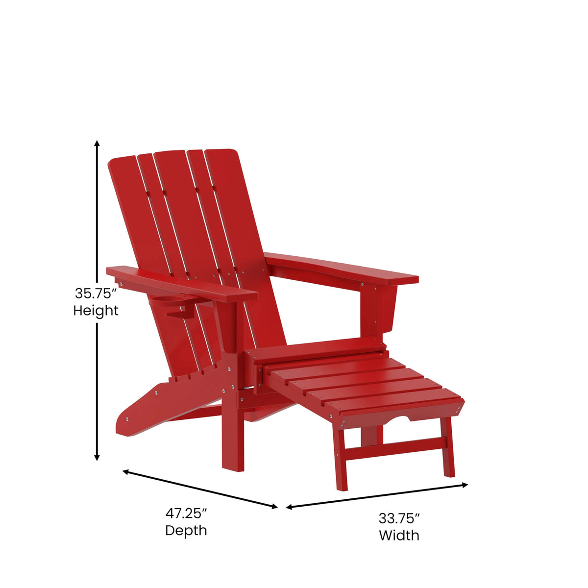 Halifax Poly Resin Adirondack Chair with Cup Holder and Pull Out Ottoman by Flash Furniture – Set of 2, Plastic: Polyethylene (HDPE), Red, Pack of 2, Model 2-LE-HMP-1045-110-RD-GG