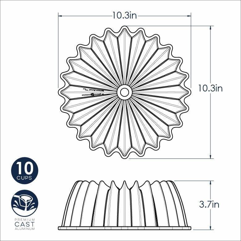 Bundt Cake Pan - Finishing Tool & Cooling Rack Set by Nordic Ware – Large, 10.0 cups, Aluminum, Gold, Model NW8577K2