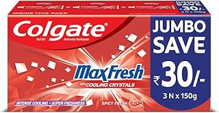 Colgate MaxFresh Toothpaste, Red Gel Paste with Menthol for Super Fresh Breath, 450g, 150g X 3 (Spicy Fresh)