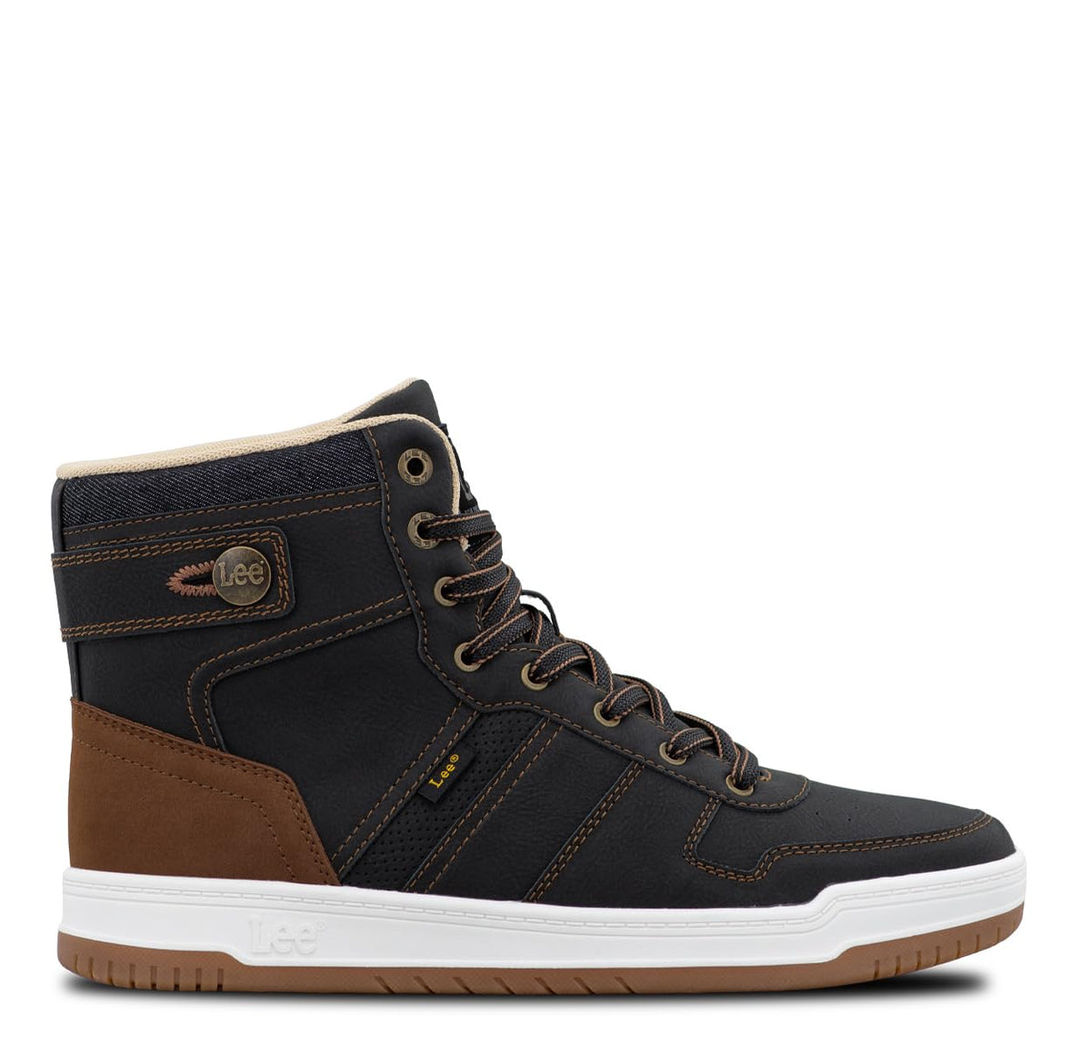 Men's Noah High-Top Retro Sneaker by Lee – 11, Faux Leather, Black/Cognac, Model M000261-0676