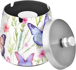 Purple Butterfly Flower Splash Ashtray with Lid, Outdoor Ashtrays for Patio