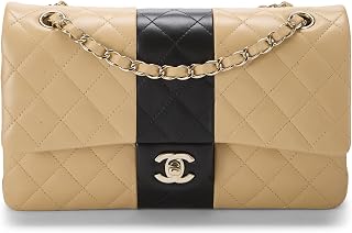 Chanel, Pre-loved Beige & Black Quilted Lambskin Classic Double Flap Medium, Multi