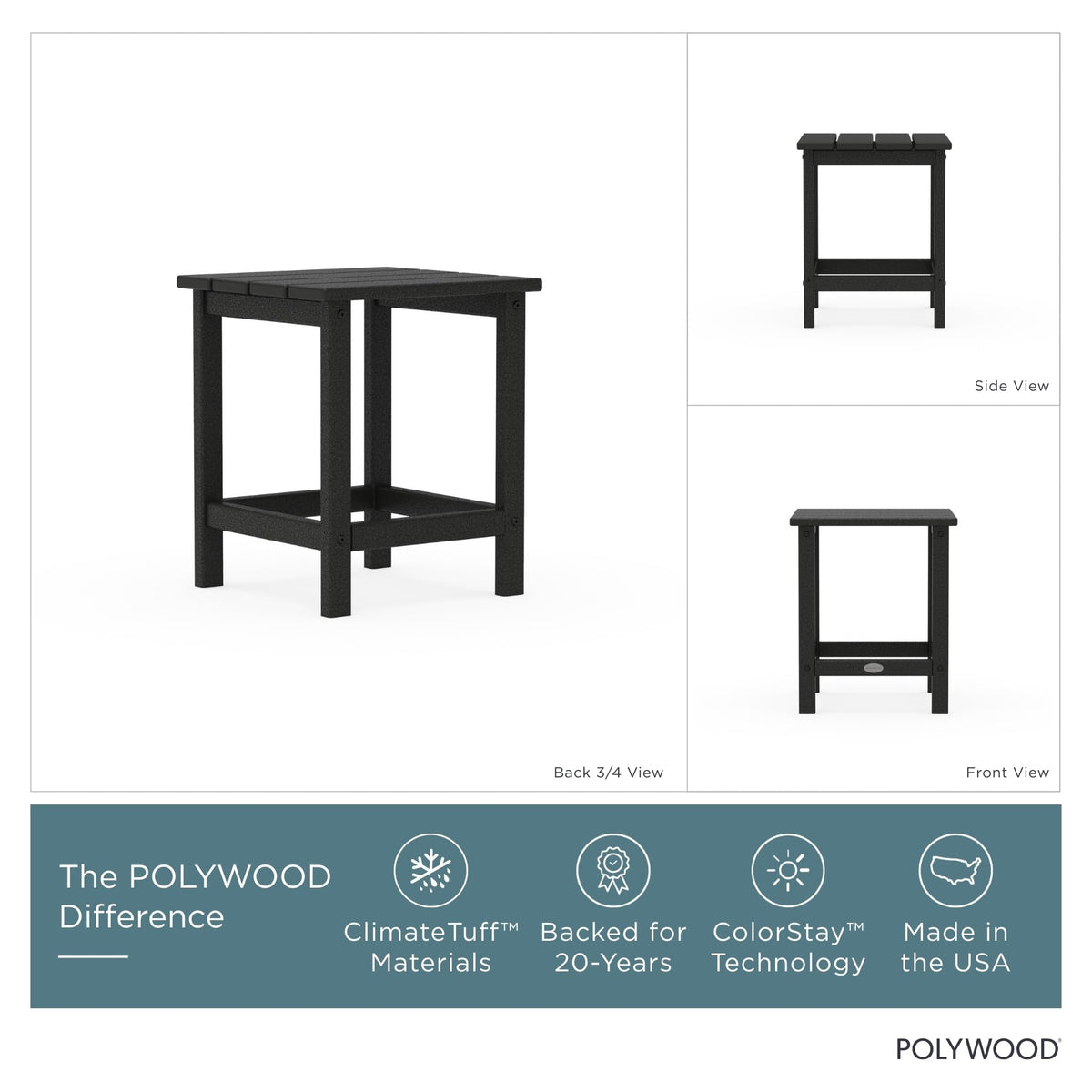Long Island 18" Side Table by Polywood – 18", High Density Polyethylene, Black, Model ECT18BL