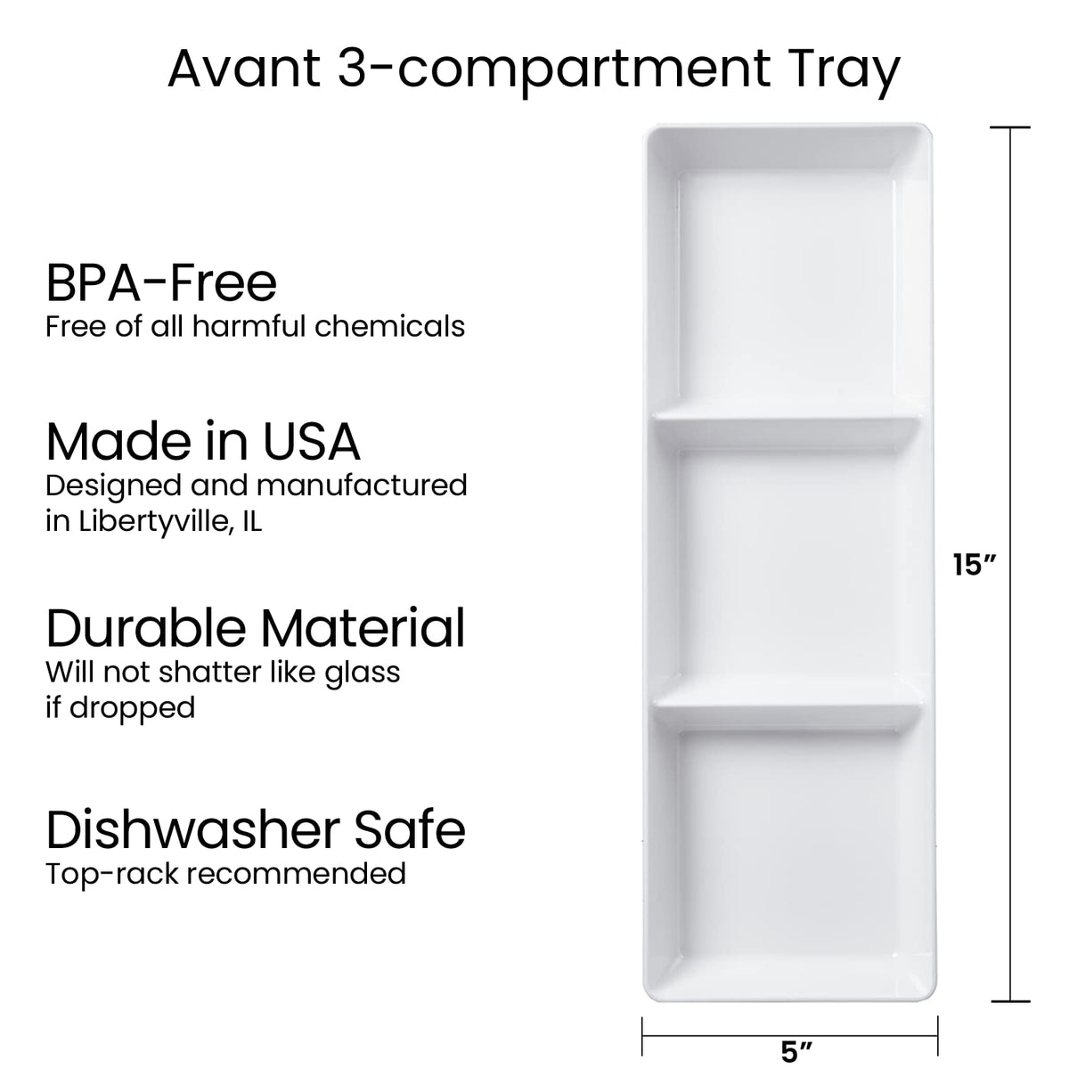 US Acrylic Divided Serving Tray Set, 15 x 5 Inches, White