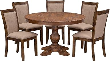 Furnifact Fabric-Upholstered Solid Wood Round Kitchen Table 5 Piece Set, Pedestal Dining Room Chair Set for Small Spaces, Light Tan