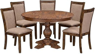 Furnifact Fabric-Upholstered Solid Wood Round Kitchen Table 5 Piece Set, Pedestal Dining Room Chair Set for Small Spaces, Light Tan
