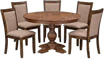 Furnifact Fabric-Upholstered Solid Wood Round Kitchen Table 5 Piece Set, Pedestal Dining Room Chair Set for Small Spaces, Light Tan