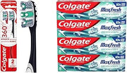 Colgate 360 Optic White Advanced Toothbrush, Medium Toothbrush for Adults,2 Count (Pack of 1) & Max Fresh Whitening Toothpaste with Mini Strips, Clean Mint Toothpaste for Bad Breath
