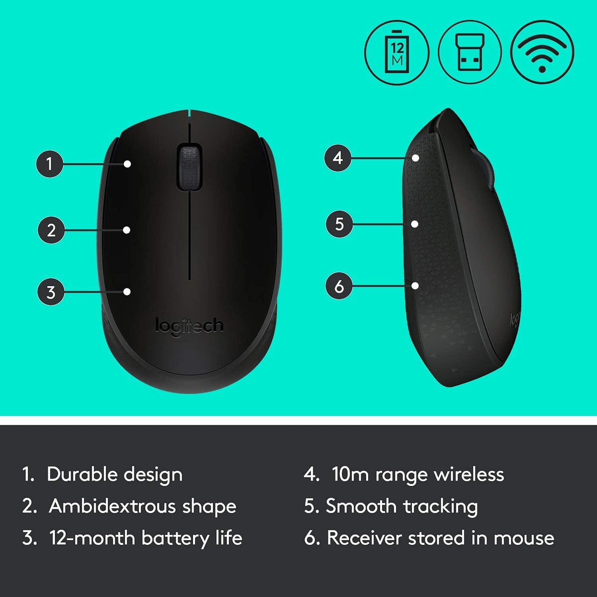 M170 2. 4GHz Wireless 3-Button Optical Scroll Mouse W/Nano USB Receiver (Black) (Renewed) by Logitech – 7.6 x 4.7 x 3.6, Plastic, Black, Model 910-004940-cr