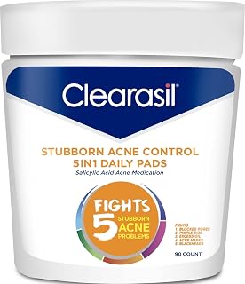 Clearasil Stubborn Acne Control 5in1 Daily Facial Cleansing Pads, with Salicylic Acid Acne Treatment Medicine, 90 Count