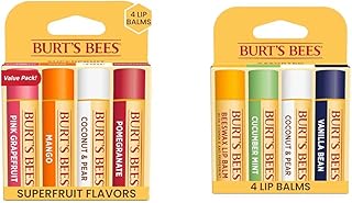 Burt's Bees Lip Balm Easter Basket Stuffers - Pink Grapefruit, Mango, Coconut & Pear, Pomegranate and Beeswax, Cucumber Mint, Coconut and Pear, Vanilla Bean Packs, 4 Tubes Each, 0.15 oz