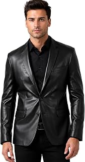 Men's Genuine Lambskin Leather Blazer Jacket Coat Two Button Black Slim Fit Coat