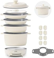 Dash Stacks 16-Piece Ceramic Nonstick Cookware Set with Electric Burner, Pots and Pans Set, Stackable Nesting Kitchen Pots and Pans, Small Kitchen, Oven Safe, Cream