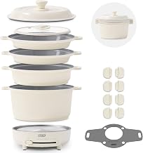 Dash Stacks 16-Piece Ceramic Nonstick Cookware Set with Electric Burner, Pots and Pans Set, Stackable Nesting Kitchen Pots and Pans, Small Kitchen, Oven Safe, Cream