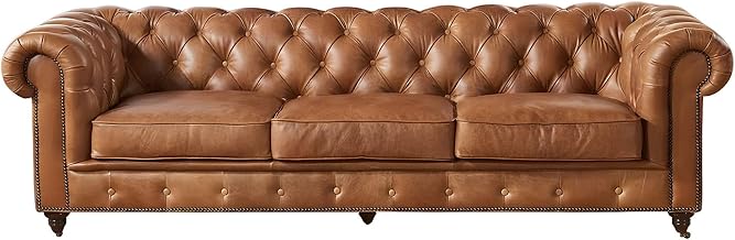 Starlight Canyon Home Leather-Upholstered Chesterfield Sofa with Button-Tufted Arms, Genuine Leather Couch for Living Room Decor, Light Brown