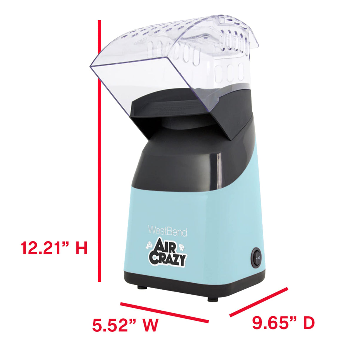 Air Crazy Popcorn Machine for Healthy Snacking with No Oil by West Bend – 4-Quart, 4 liters, Metal, Blue, Model PC8448BL13