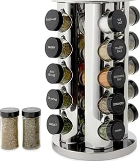 Kamenstein 20 Jar Revolving Countertop Spice Rack with Spices Included, FREE Spice Refills for 5 Years, Polished Stainless Steel with Black Caps, 30020