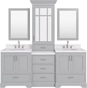 ARIEL Stafford 84-inch Bathroom Vanity with Sink,Solid Wood, 1.5-inch Carrara White Quartz Countertop & Backsplash, Double Oval Porcelain Sink, 5 Soft Closing Doors, 6 Dovetail Drawers, Grey