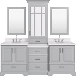 ARIEL Stafford 84-inch Bathroom Vanity with Sink,Solid Wood, 1.5-inch Carrara White Quartz Countertop & Backsplash, Double Oval Porcelain Sink, 5 Soft Closing Doors, 6 Dovetail Drawers, Grey
