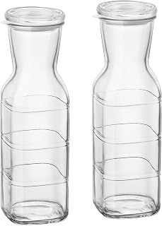 Bormioli Rocco Frigoverre Future Carafe Set of 2-33.75 Oz. Glass Bottles with Silicone Gasket Seal & Multi-Use Lid for Water, Juice & Wine Serving - Freezer to Microwave Safe, Made in Italy