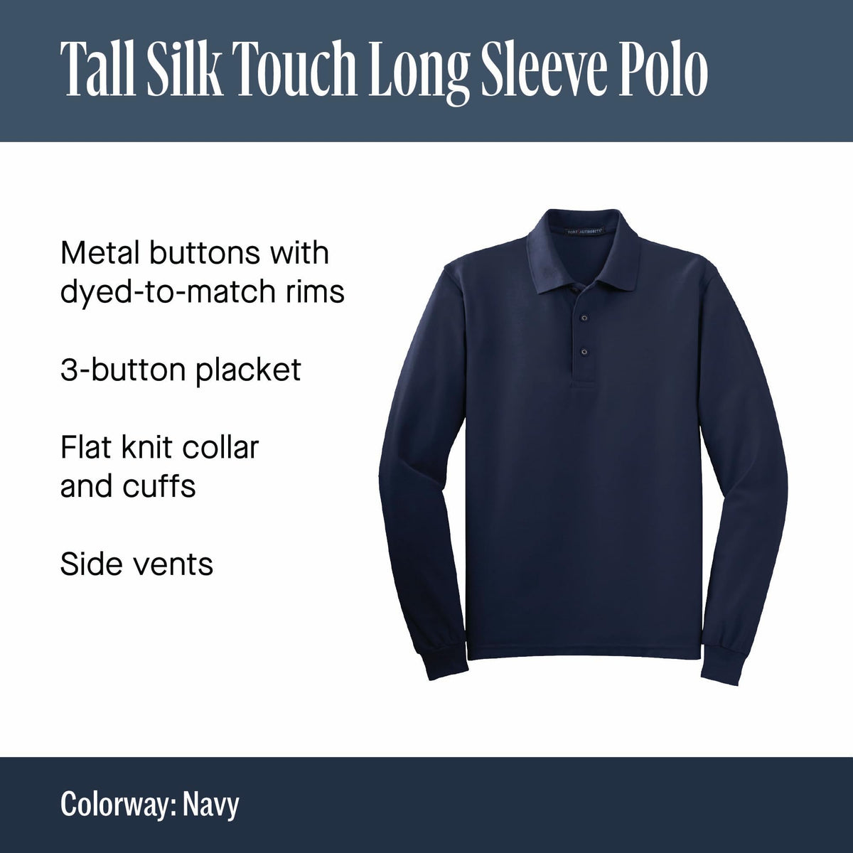 Unisex Tall Silk Touch Long Sleeve Polo Black by Port Authority – X-Large Tall, Silk, Black, Model SNM-812752