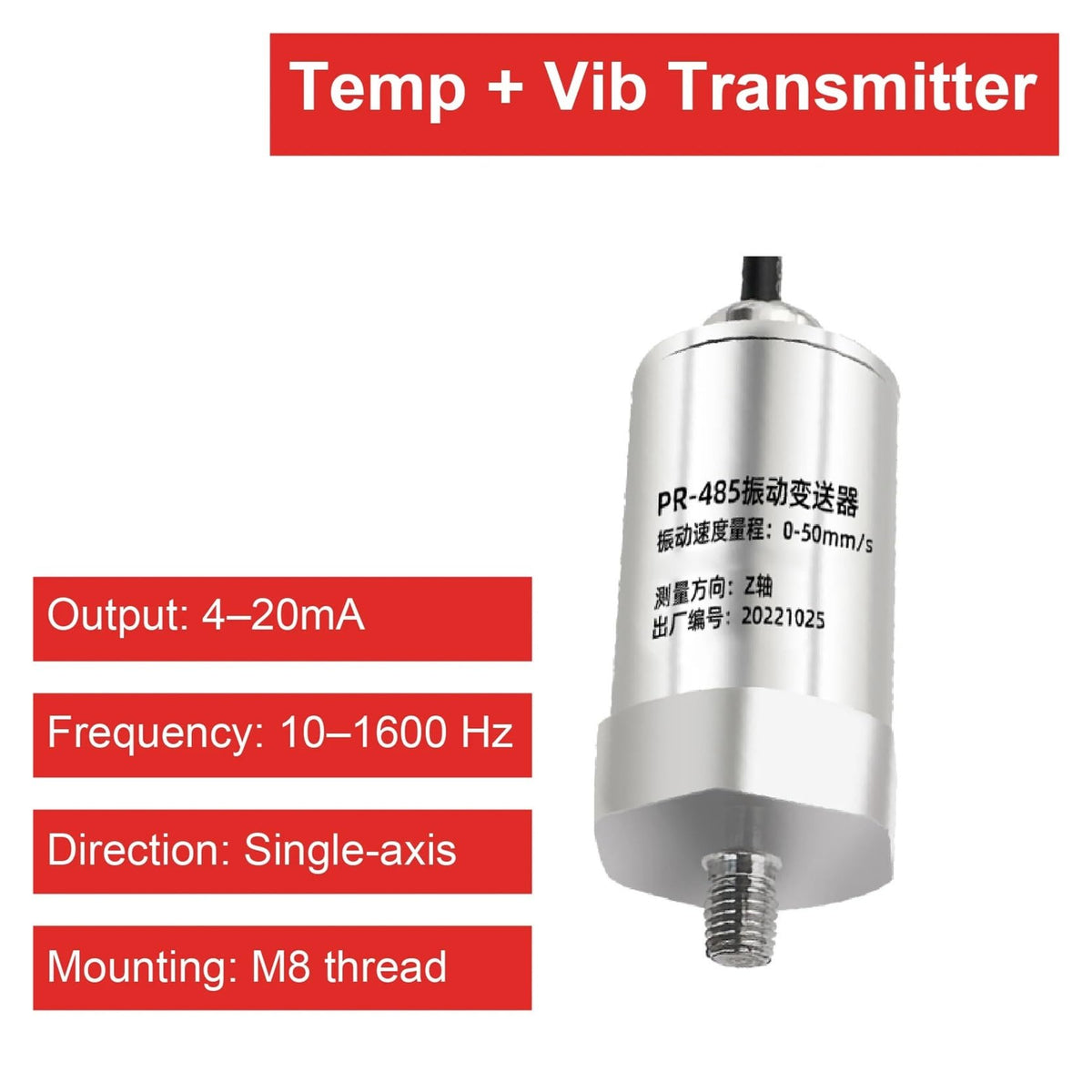 Single/Three Axis Temperature Vibration Transmitter Sensor Thread Magnetic Mount RS485 Analog Output Alarm Detecto by ALHROEUO – One Size, 1AX-1600-THD-4-20MA, Model BGGEBCECF
