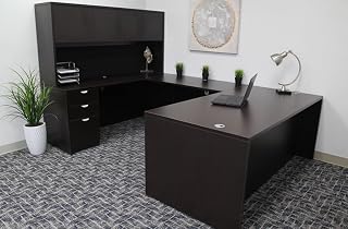 Boss Office Products Boss Office U-Shape Desk Credenza with Pedestal and Hutch in Mocha