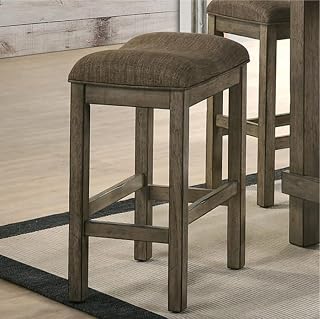 Rustic Farmhouse Bar Stool with Upholstered Saddle Seat, Chestnut Brown Finish, Linen-Like Fabric