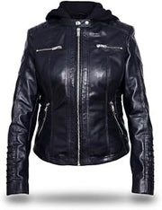 Women's Genuine Lambskin Leather Hooded Jacket – Motorbike Black Casual Fashion Jacket With Removable Hood