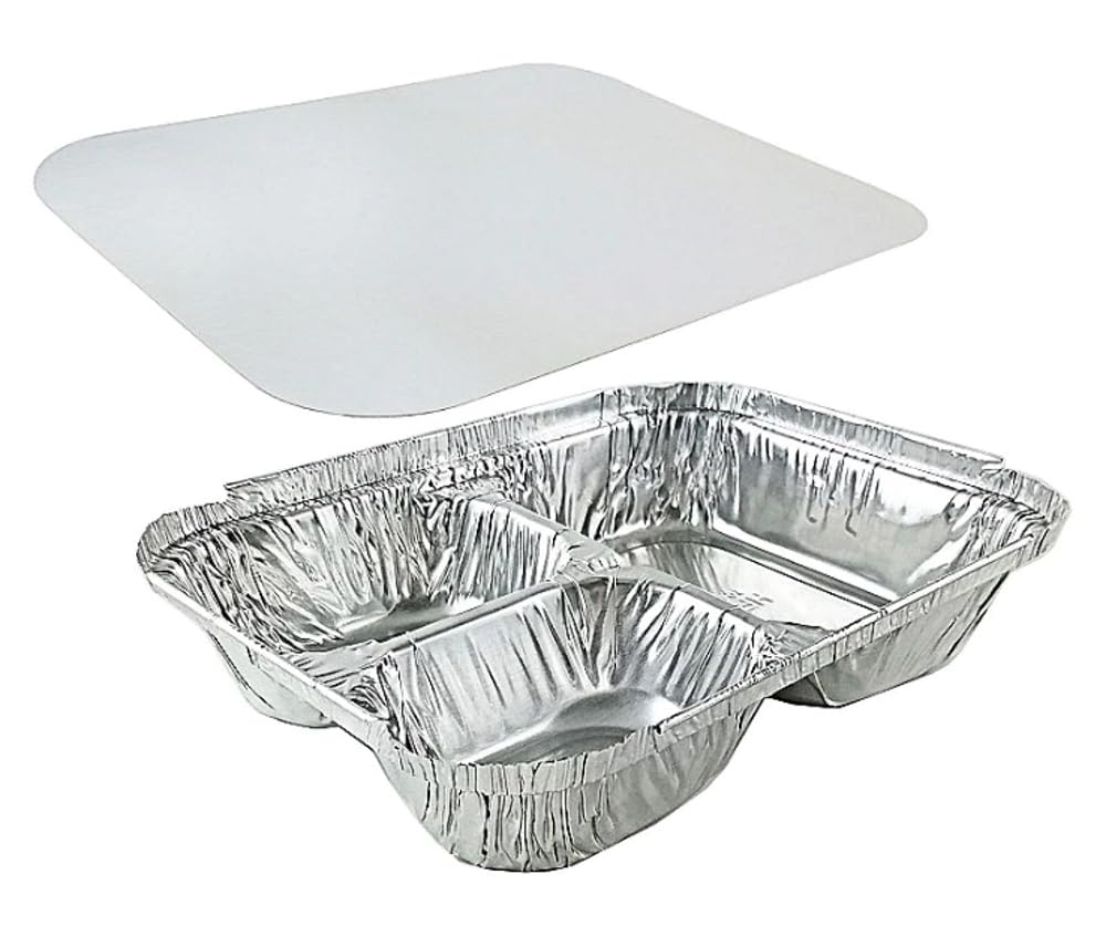 Handi Foil Oblong 3 Compartment Tray with Lid - 250 per case. by Handi-Foil – 8.75" x 6.75" x 1.5", Aluminum, Silver, Pack of 250, Model 2045-35-250W