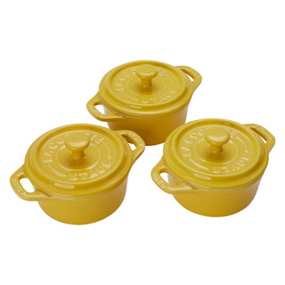 Ceramic 3-pc Mini Round Cocotte Set by STAUB – 3-pc, Cast Iron, Citron, Pack of 3, Model 1029591