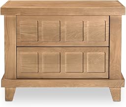 Enya Nightstand, White Oak and Mango Wood, Carved Drawer Fronts, Push-to-Open Drawers, Natural Oak