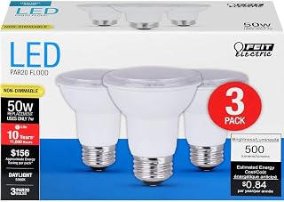 Feit Electric PAR20 LED Light Bulb, 50W Equivalent, Non-Dimmable, 5000K Daylight White, E26 Base, 500 Lumen, Indoor/Outdoor Recessed Light Bulb, 10-Year Lifetime, PAR2050/850/10KLED/3, 3-Pack