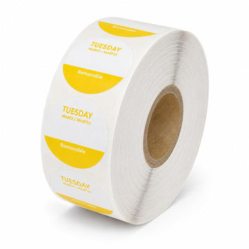 Tuesday Removable Day of the Week Labels by Glownary – 1 Inch Diameter, Paper, Yellow and White, Pack of 1000, Model 322u513b