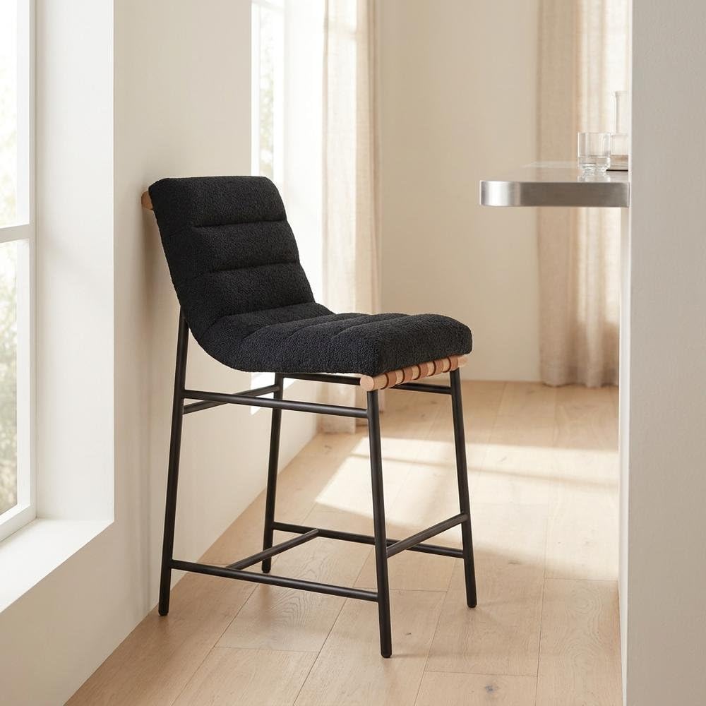 Black Boucle Fabric Counter Height Stool by Furnifact – Fabric, Steel, Wood, Black
