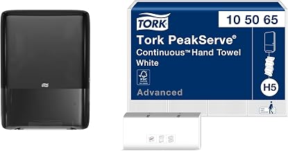 PeakServe Mini Continuous Paper Hand Towel Dispenser Black H5, High-Capacity, Elevation Range, 552538 + Tork PeakServe Continuous Hand Towel White H5, Advanced, Compressed,12 x 410 sheets, 105065