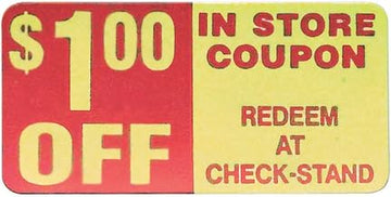 Coupon Labels $1.00 Off Labels Red/Yellow - 2" L x 1" H 500 Per Roll