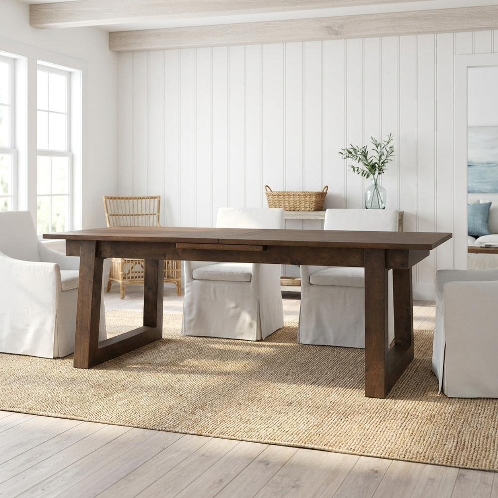 Dark Brown Rectangular Oak Wood Birch Legs Extendable Dining Table by Starlight Canyon Home – Solid Wood, Brown